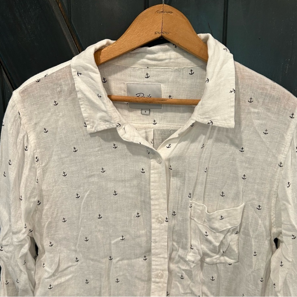 RAILS Linen Blend Button Down Women’s Shirt, White, Anchor Print, Size Small